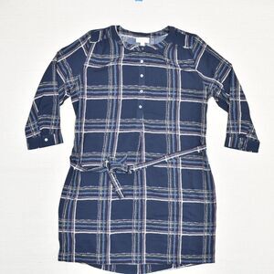 Loft Women Shift Dress Plaid 3/4 Sleeve Belted Polyester Blue Crew Neck Size M